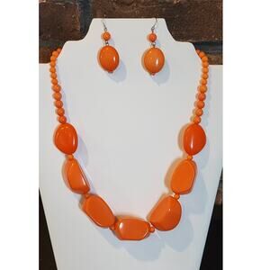 Vintage Acrylic Orange Chunky Necklace & Matching Earrings Fun Color